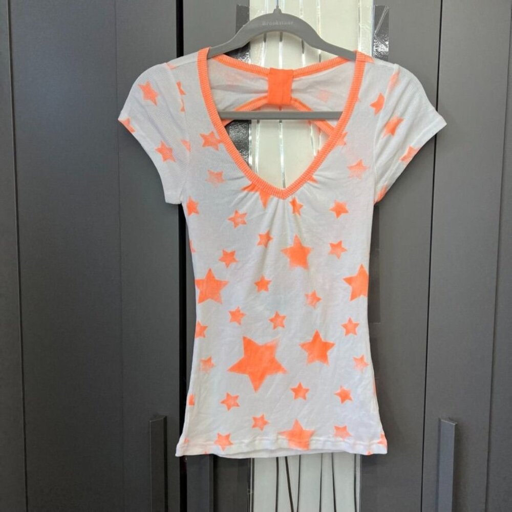 Jet Set  Neon Orange and White  Star Print  Ribbed  T-shirt  Kids/Juniors  Size